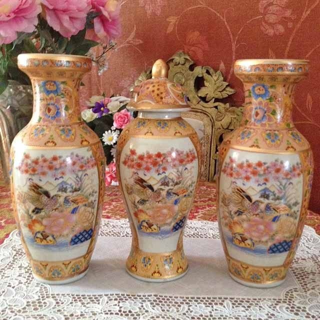 Chinees kaststel 3 delig porselein/aardewerk oude vazen - goud ..., حجم الصورة 640x640