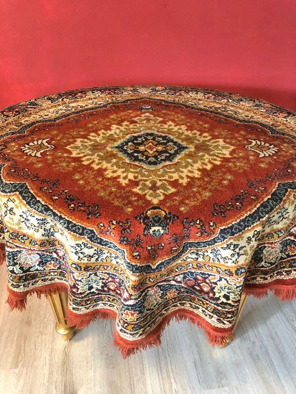 Vintage wollen perzisch / oosters tafelkleed klassiek, rond dia. 160 cm – rood oranje - Tafelkleden -