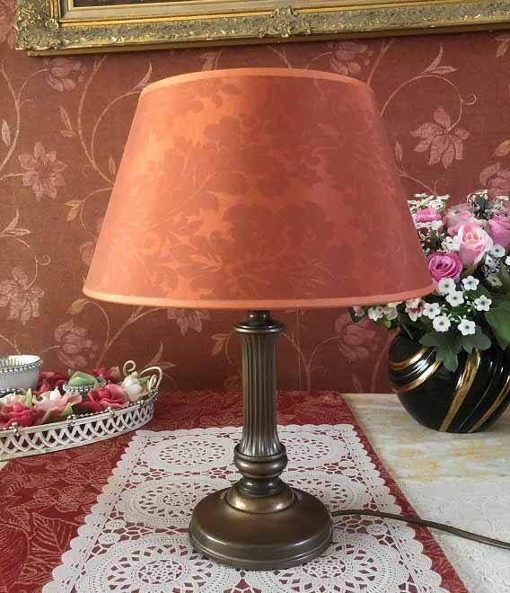 tafellamp met lampvoet koper, brons - oranje lampenkap klassiek barok antiek patroon - Tafellampen - Westenhof