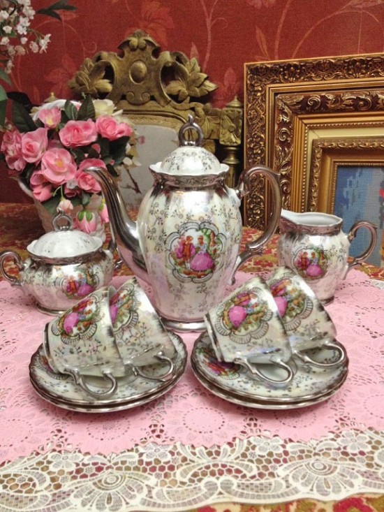 Servies set wit zilveren rand 2