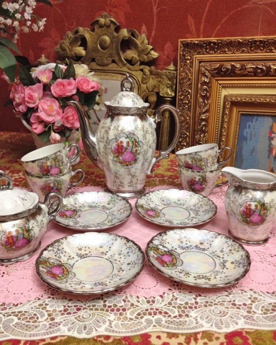 Servies set wit zilveren rand 3