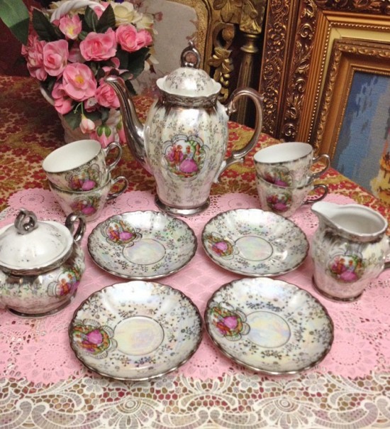 Servies set wit zilveren rand 4