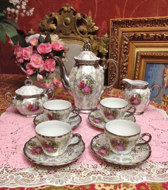 Servies set wit zilveren rand 7
