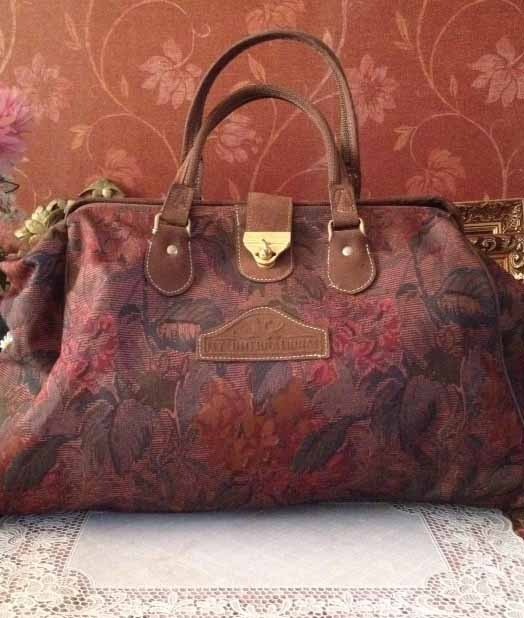 Vintage grote tas bruin rode bloemen 1