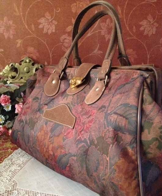 Vintage grote tas bruin rode bloemen 2