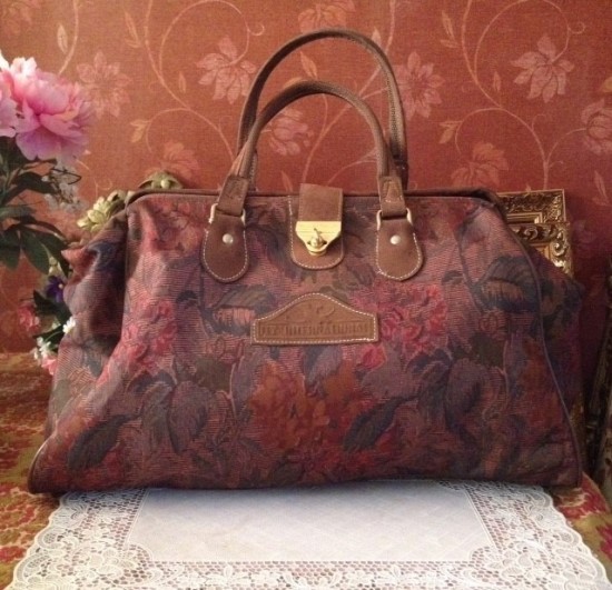 Vintage grote tas bruin rode bloemen 5