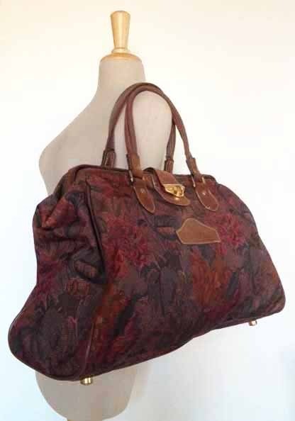 Vintage grote tas bruin rode bloemen 6