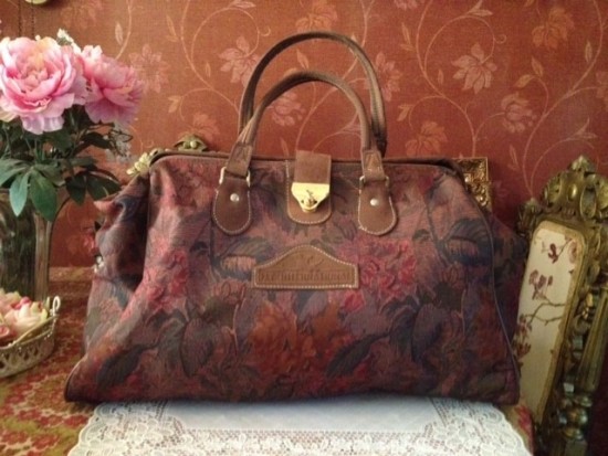 Vintage grote tas bruin rode bloemen 7