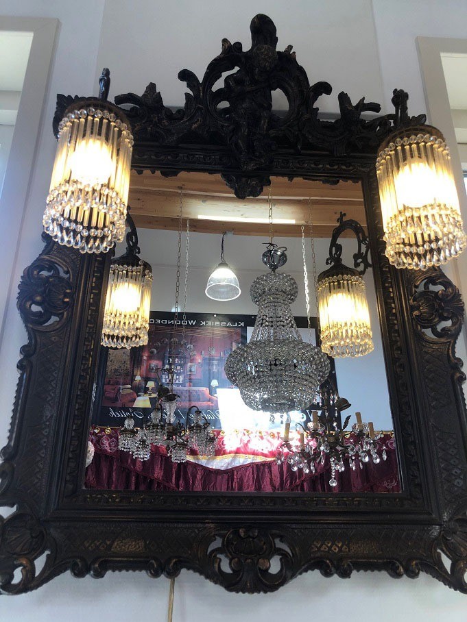 stuk schattig BES Barok spiegel met verlichting / 2 wandlampen klassiek engeltje beeld antiek  lijst zwart - Spiegels - Westenhof