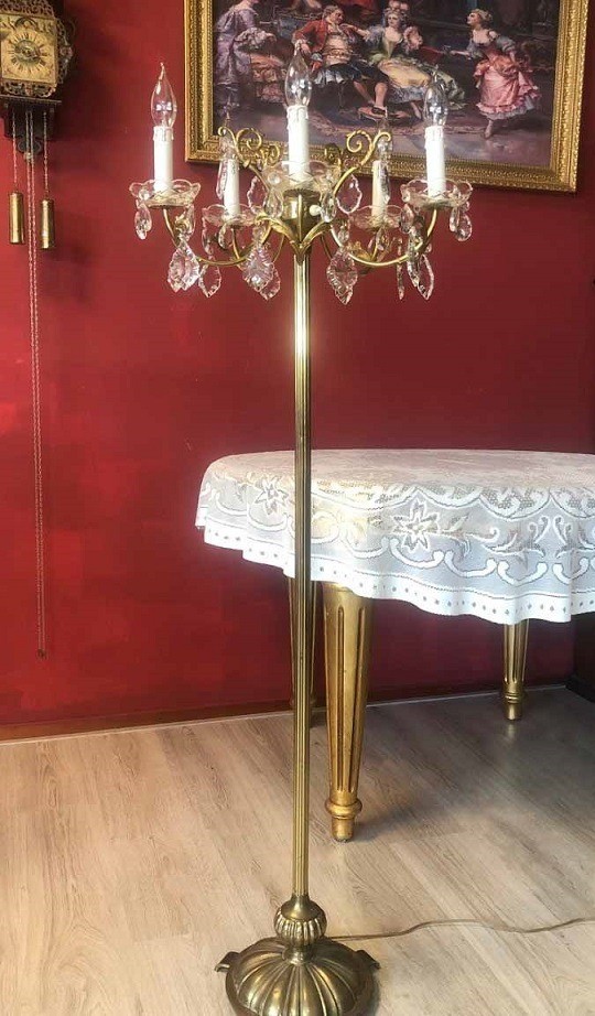 Brocante Antiek Kristallen Staande Lamp Vloerlamp Kroonluchter Koper Goud 5 Arms Schalen Met Kandelaars Kaarslampen Lampen Westenhof 