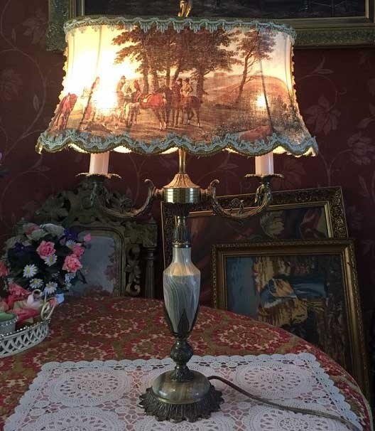 Brocante oud/antieke Engels Jager tafellamp,engel beeldje,kandelaar koper,creme - Tafellampen - Westenhof