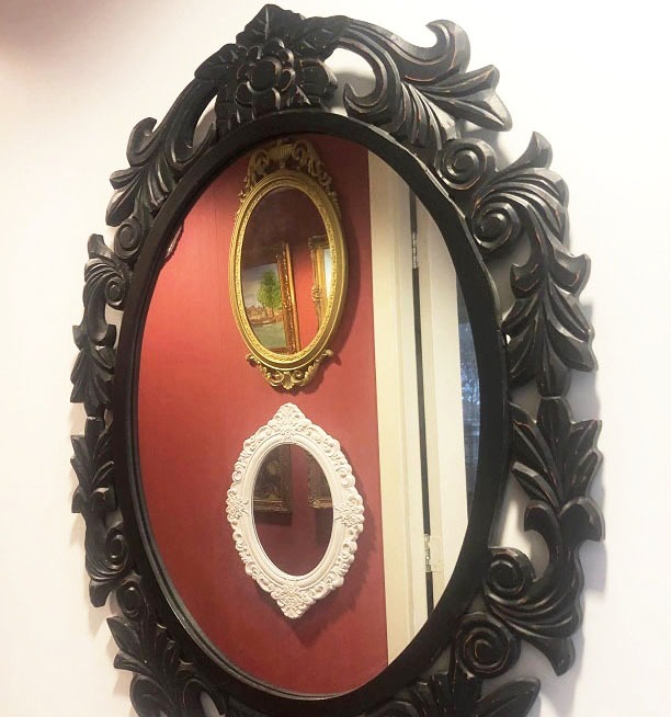 Seizoen rijstwijn Melodrama Vintage spiegel / wandspiegel zwart bloemen barok hout lijst antiek /  klassiek – ovaal, groot 100 x 80 cm - Spiegels - Westenhof