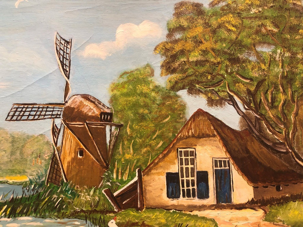 Parasiet grillen vos Gesigneerd schilderij landschap; boerderij met molen olieverf, antiek barok  lijst goud groot 90x50 cm - Kunst / Schilderijen - Westenhof