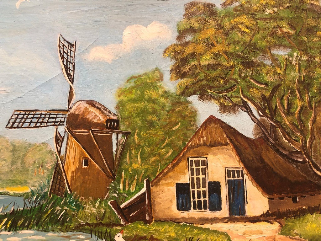 Gesigneerd schilderij landschap; boerderij met molen antiek barok lijst goud groot 90x50 cm / Schilderijen - Westenhof