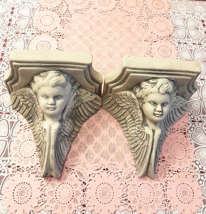 partij Zwijgend Verstrooien 2 brocante engelen beeld console ornamenten barok antiek wandornament /  wanddecoratie - wit grijs - Wanddecoratie / Muurdecoraties - Westenhof