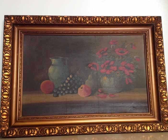 En opleggen aansporing Oud schilderij bloemen en fruit met barok lijst hout-goud antiek,groot  75x55 cm - Kunst / Schilderijen - Westenhof