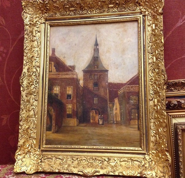 Oude schilderij met kerk, barok lijst hout antiek-goud,groot 55x43 cm / Schilderijen Westenhof