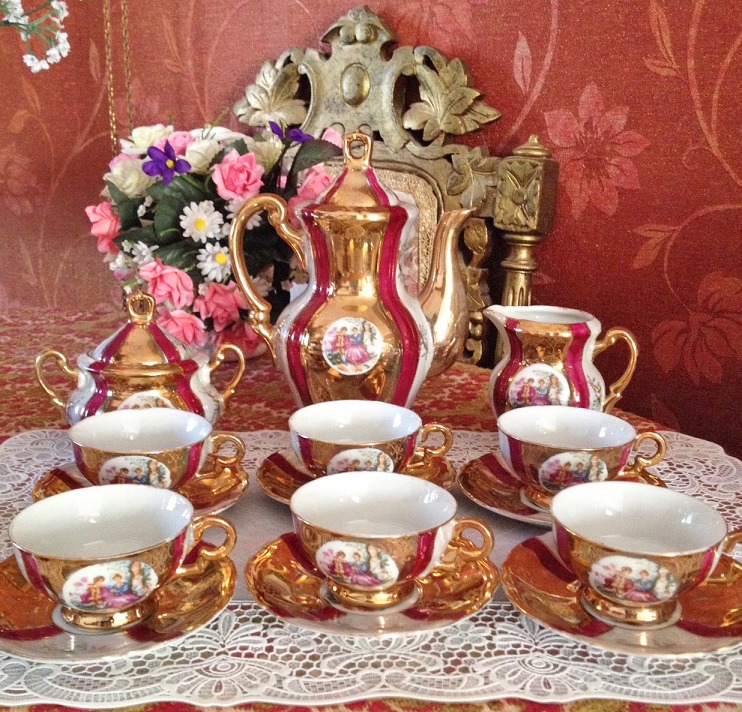 Het strand semester Kreunt Retro/vintage porselein mokka/mocca/thee servies antieke dresden barok rood,goud - Servies compleet / set - Westenhof Het strand semester Kreunt Retro/vintage porselein mokka/mocca/thee servies antieke dresden barok rood,goud - Servies compleet / set - Westenhof