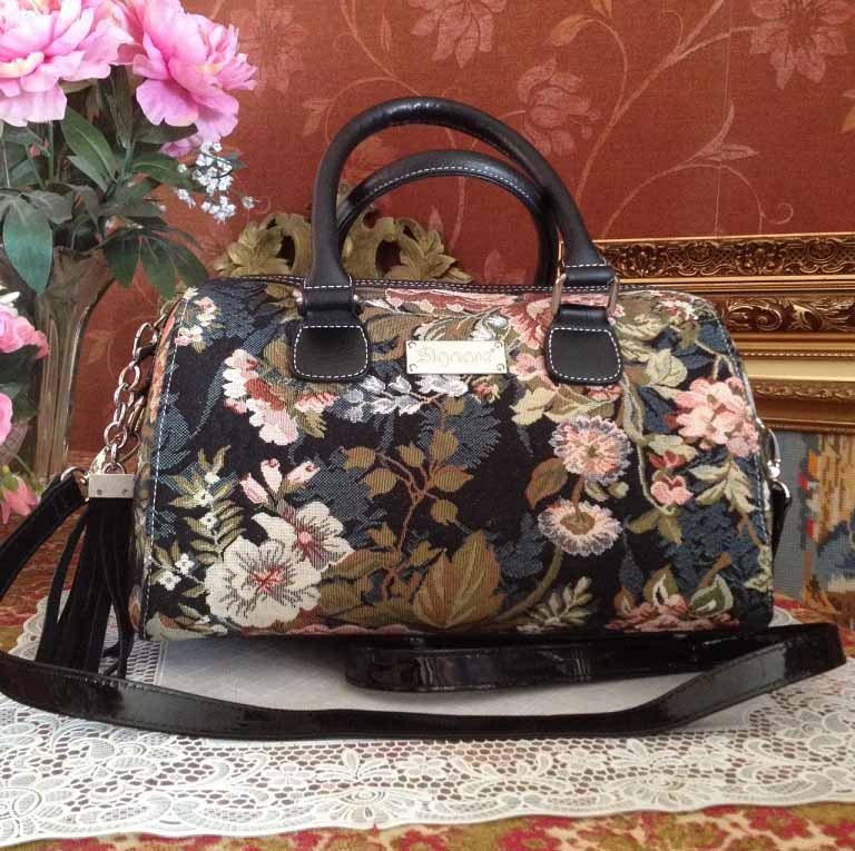 Vintage dames tas schoudertas handtas stof bloem roos zwart