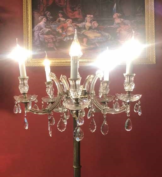 Antieke kristallen staande lamp / vloerlamp koper kroonluchter Maria / Theresia kristal pegels met 5 glazen schalen kandelaar / kaarslampen - Staande lamp Vloerlampen - Westenhof