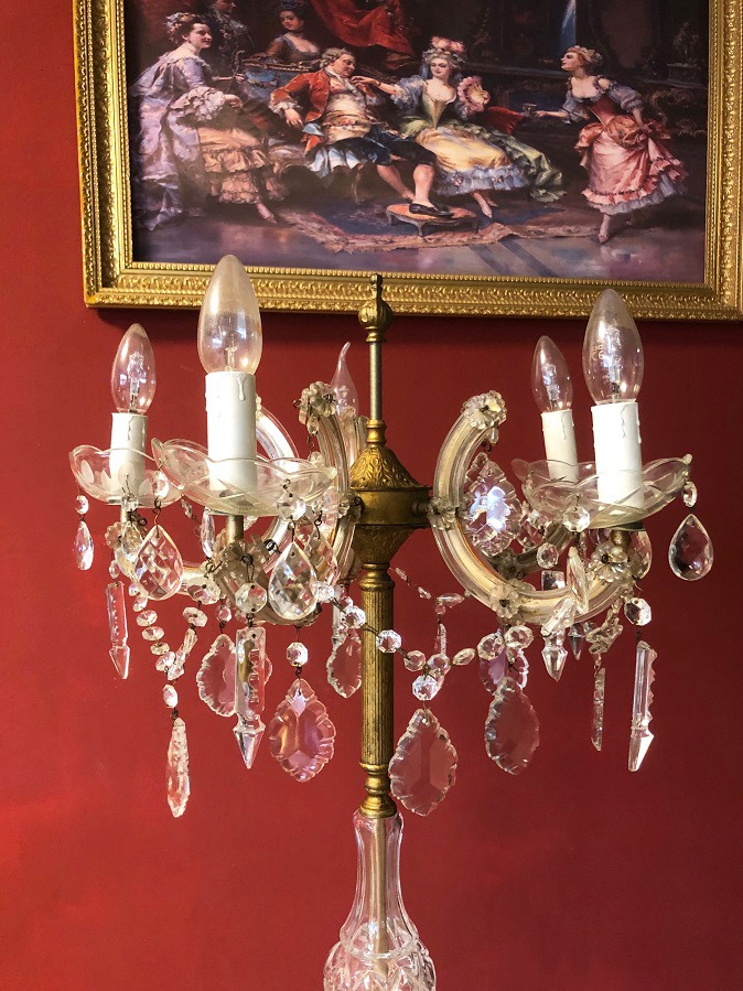Antieke kristallen staande lamp / vloerlamp koper kroonluchter Maria / Theresia kristal pegels met 5 glazen schalen kandelaar / kaarslampen - Staande lamp Vloerlampen - Westenhof